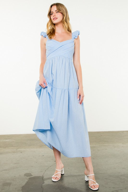 BLUE WHITE FLUTTER SLEEVE STRIPED DRESS