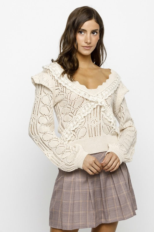 BEIGE SOLID KNIT LACE SWEATER