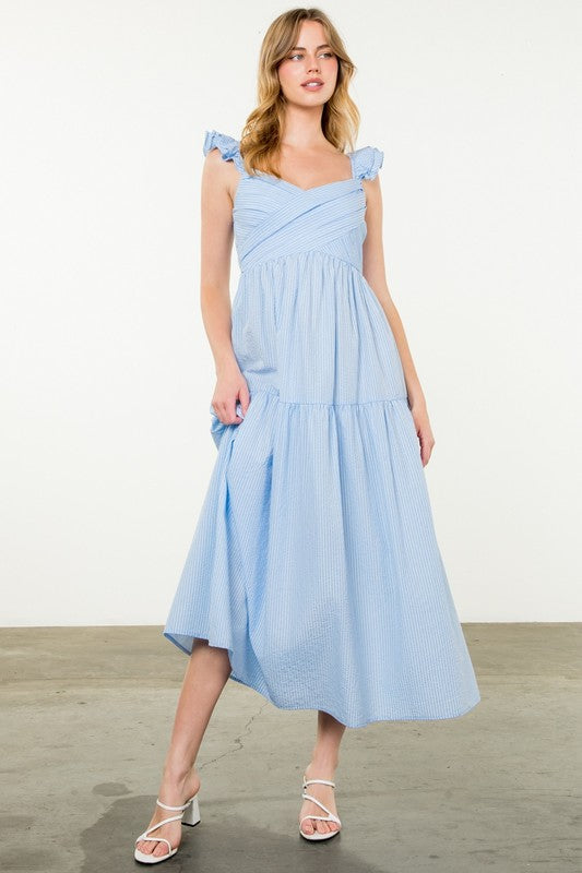 BLUE WHITE FLUTTER SLEEVE STRIPED DRESS