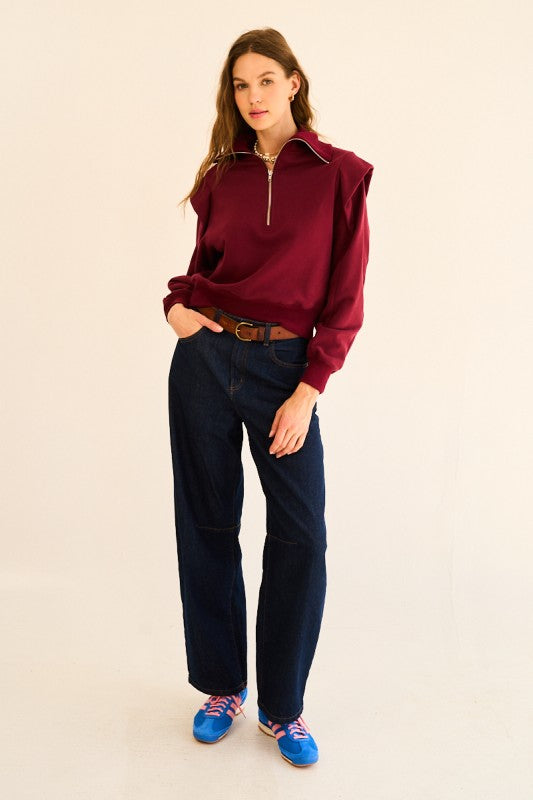 BURGUNDY HALF ZIP FRONT ZIP UP RUFFLED SWEATSHIRT