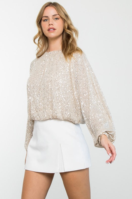 THML CREAM SEQUIN LONG SLEEVE TOP