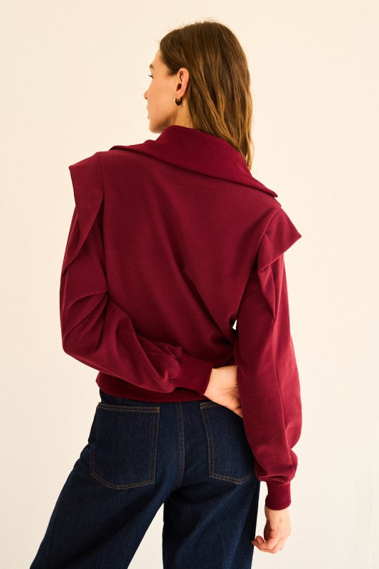 BURGUNDY HALF ZIP FRONT ZIP UP RUFFLED SWEATSHIRT