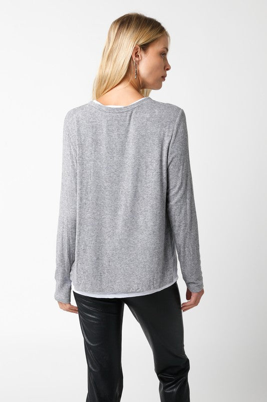 OLIVACEOUS EMILY GREY WHITE ILLUSION LAYERED SWEATER