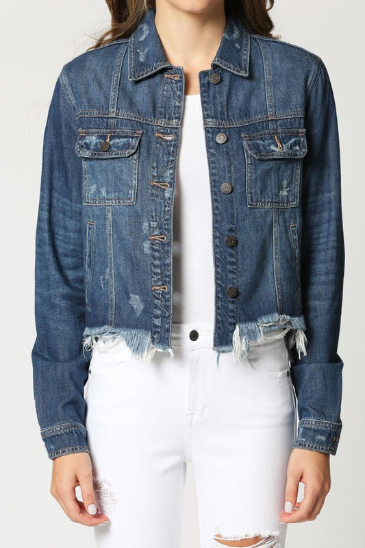 HIDDEN FRAYED FITTED JACKET DARK WASH