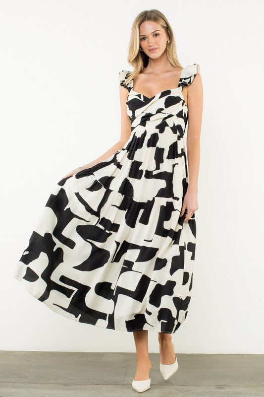 CAMILLA BLACK IVORY PATTERN TIERED MAXI DRESS