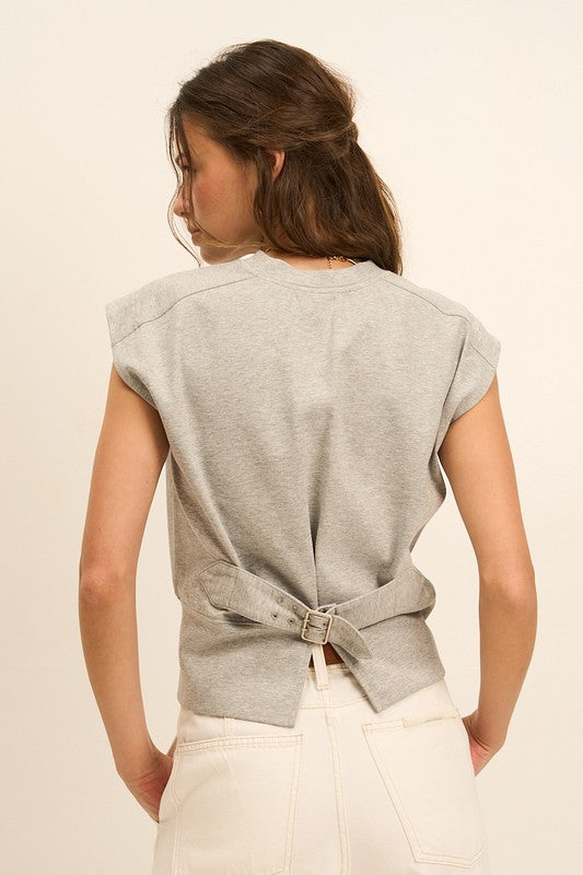 GREY BACK BUCKLE SLEEVELESS KNIT TOP