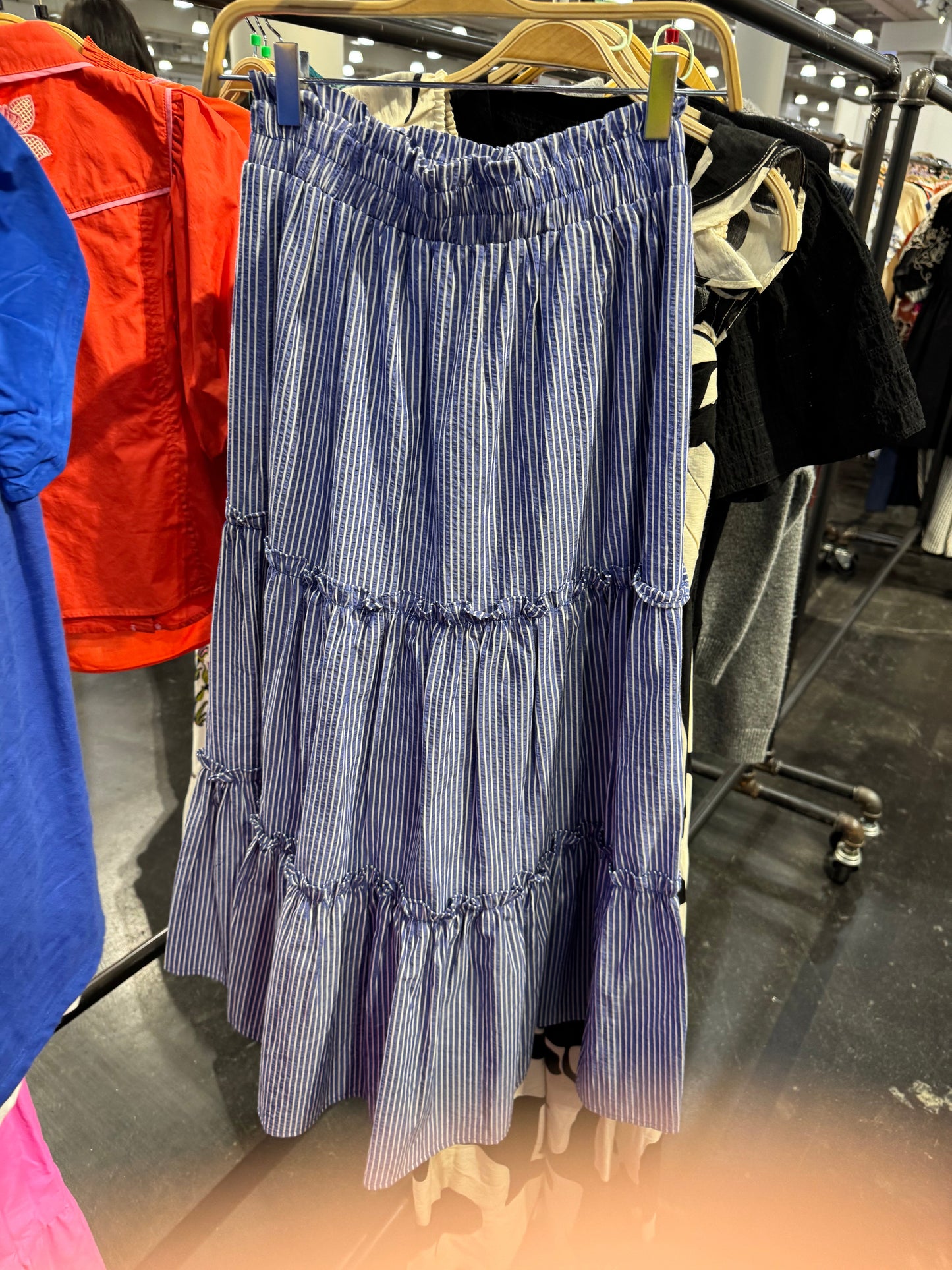 THML BLUE WHITE STRIPED TIERED MAXI SKIRT