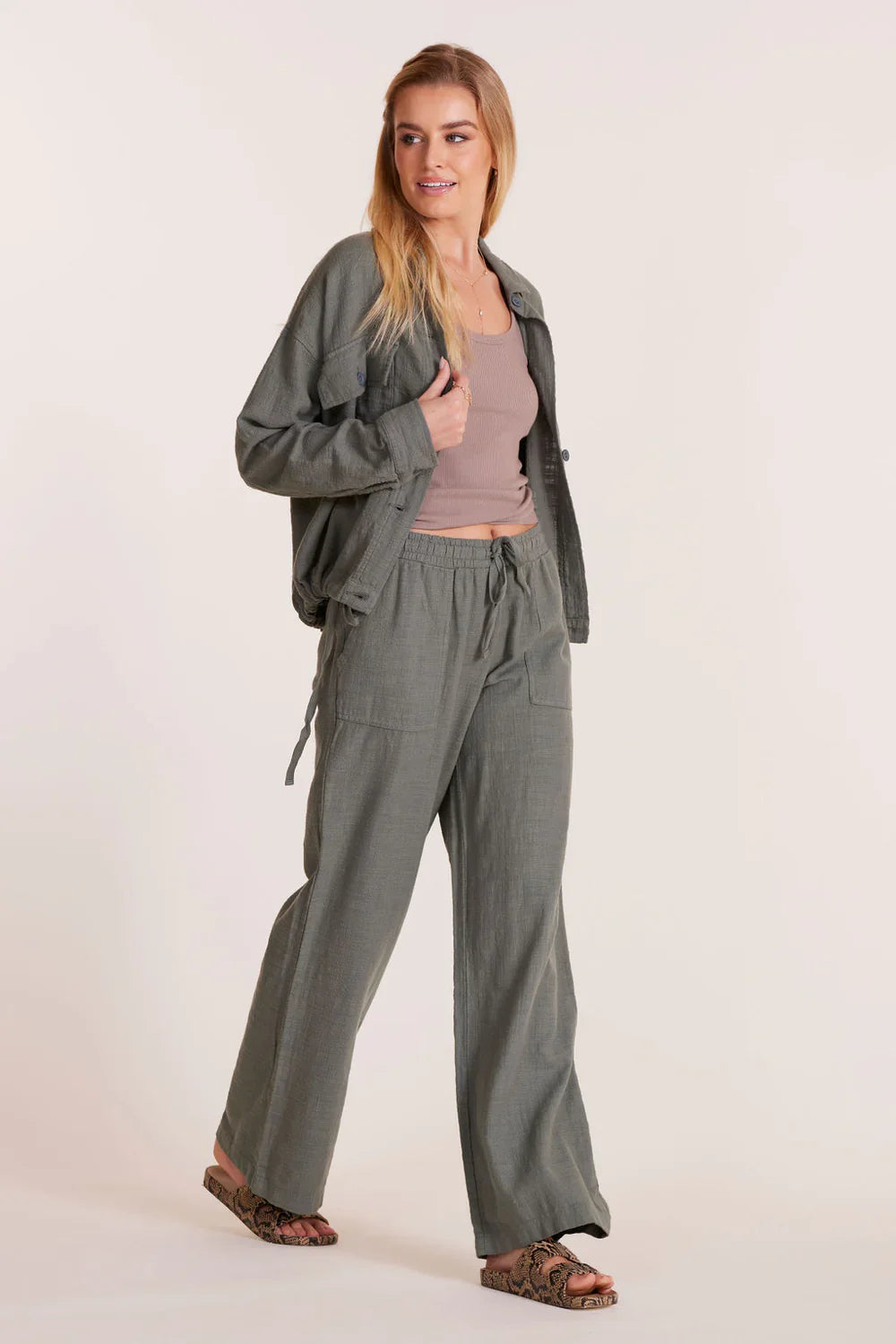 BOBI WIDE LEG TIE WAIST PANT DARK SAGE