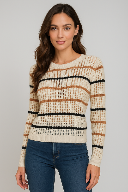 FATE IVORY MULTI STRIPED OPEN STITCH SWEATER