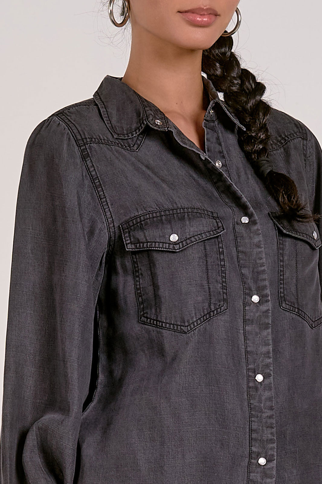 ELAN WASHED BLACK DENIM BUTTON DOWN