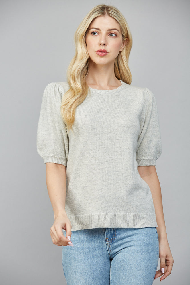 FATE BRAIDED DETAIL SHORT SLEEVE SWEATER HEATHER GREY