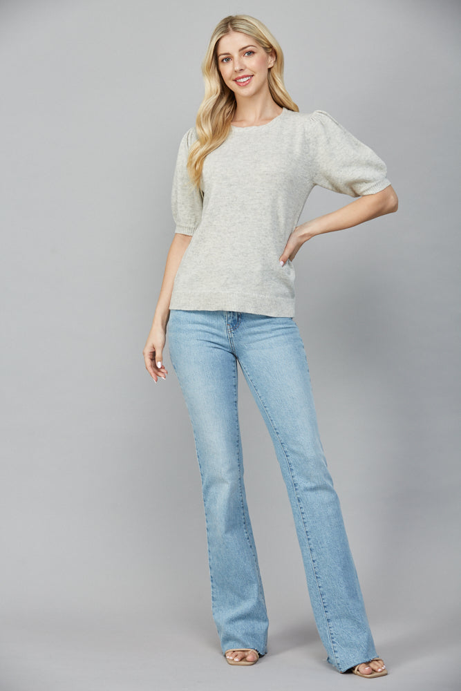 FATE BRAIDED DETAIL SHORT SLEEVE SWEATER HEATHER GREY
