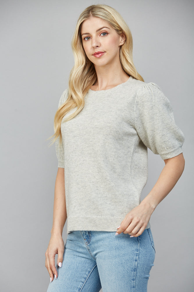 FATE BRAIDED DETAIL SHORT SLEEVE SWEATER HEATHER GREY