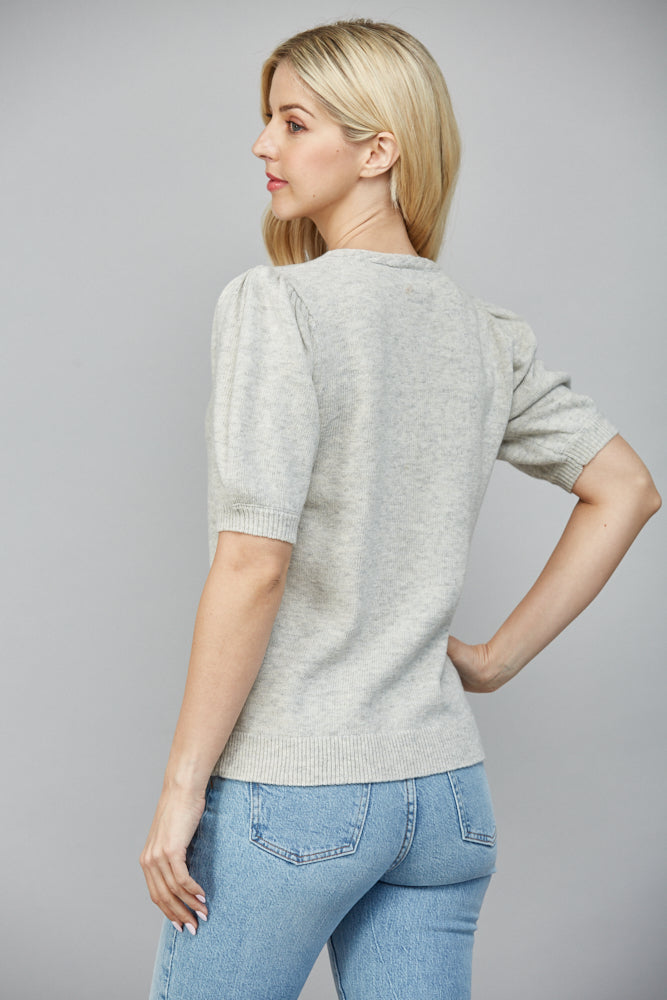 FATE BRAIDED DETAIL SHORT SLEEVE SWEATER HEATHER GREY