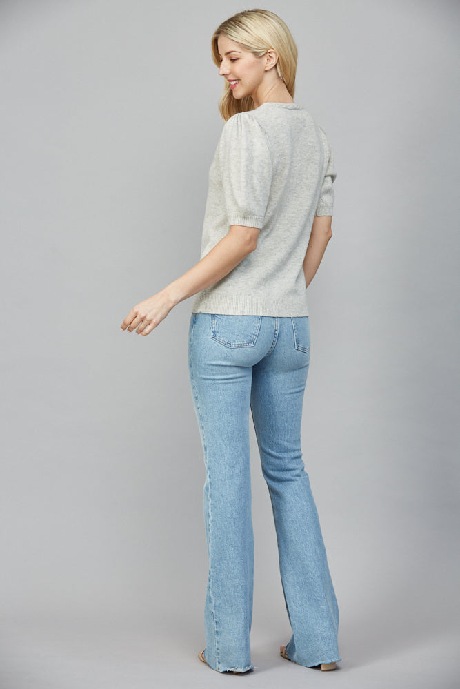 FATE BRAIDED DETAIL SHORT SLEEVE SWEATER HEATHER GREY