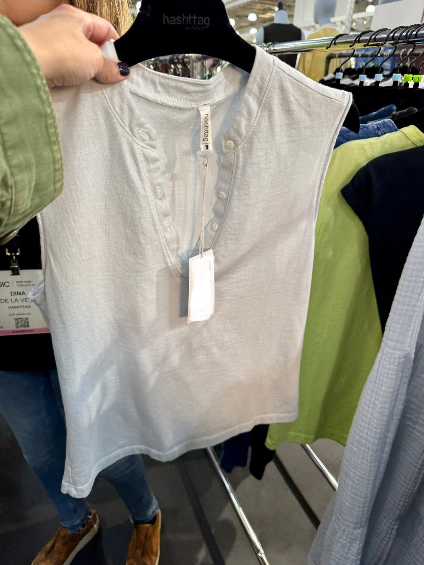 HASHTTAG GARMENT DYE SLEEVELESS HENLEY TOP PALE BLUE