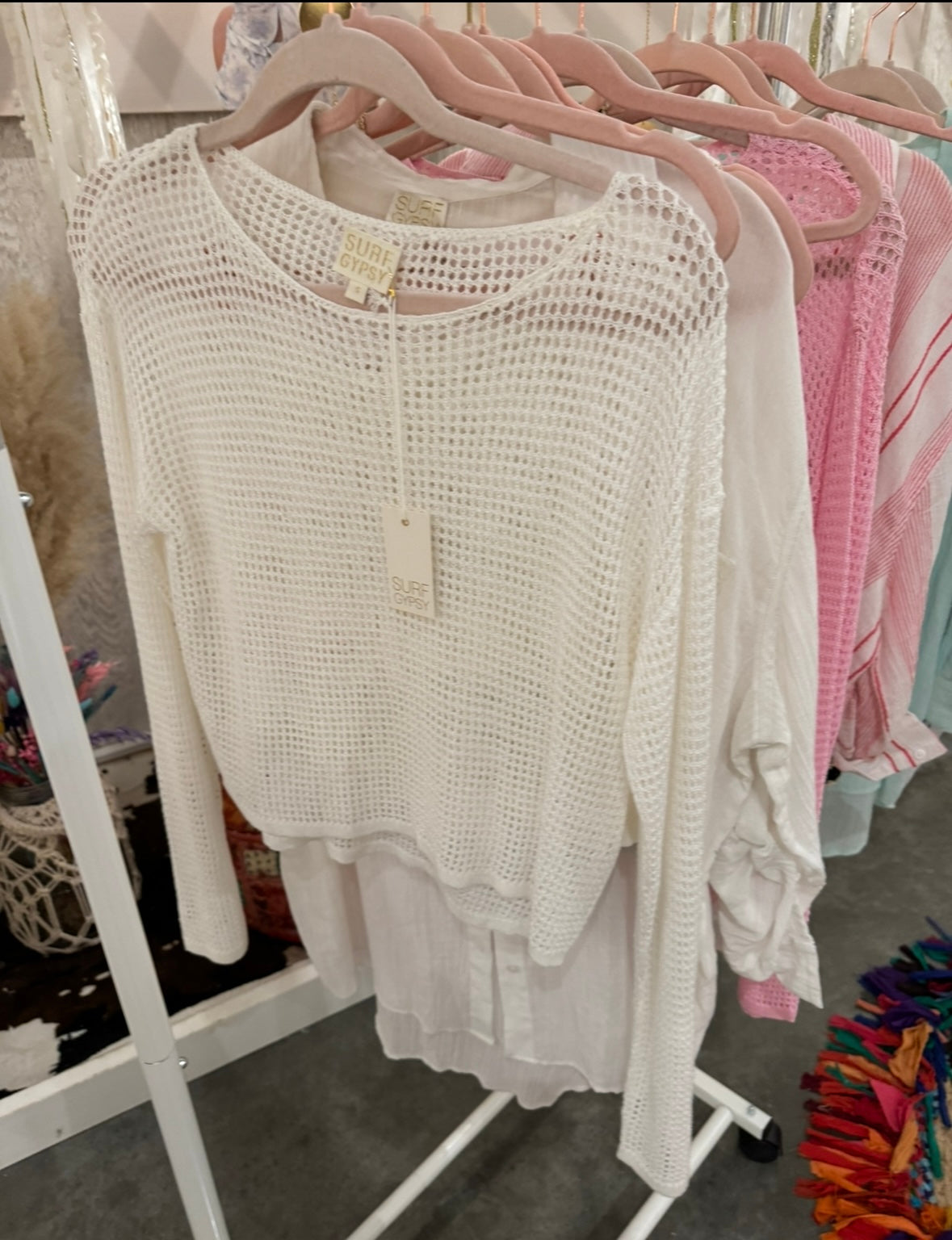 SURF GYPSY WHITE MESH KNIT LONG SLEEVE TOP FINAL SALE