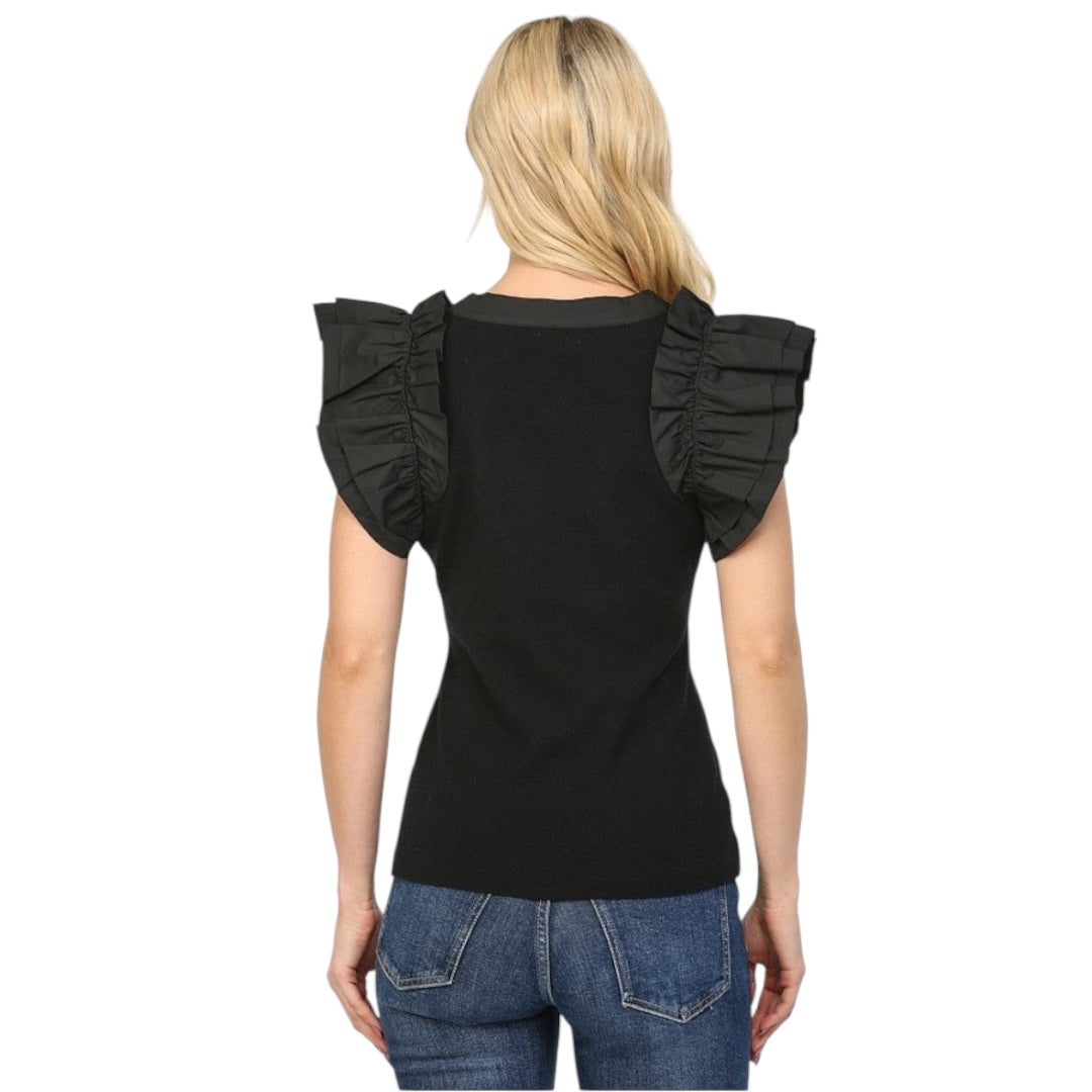 FATE BLACK RUFFLED FITTED SWEATER TOP