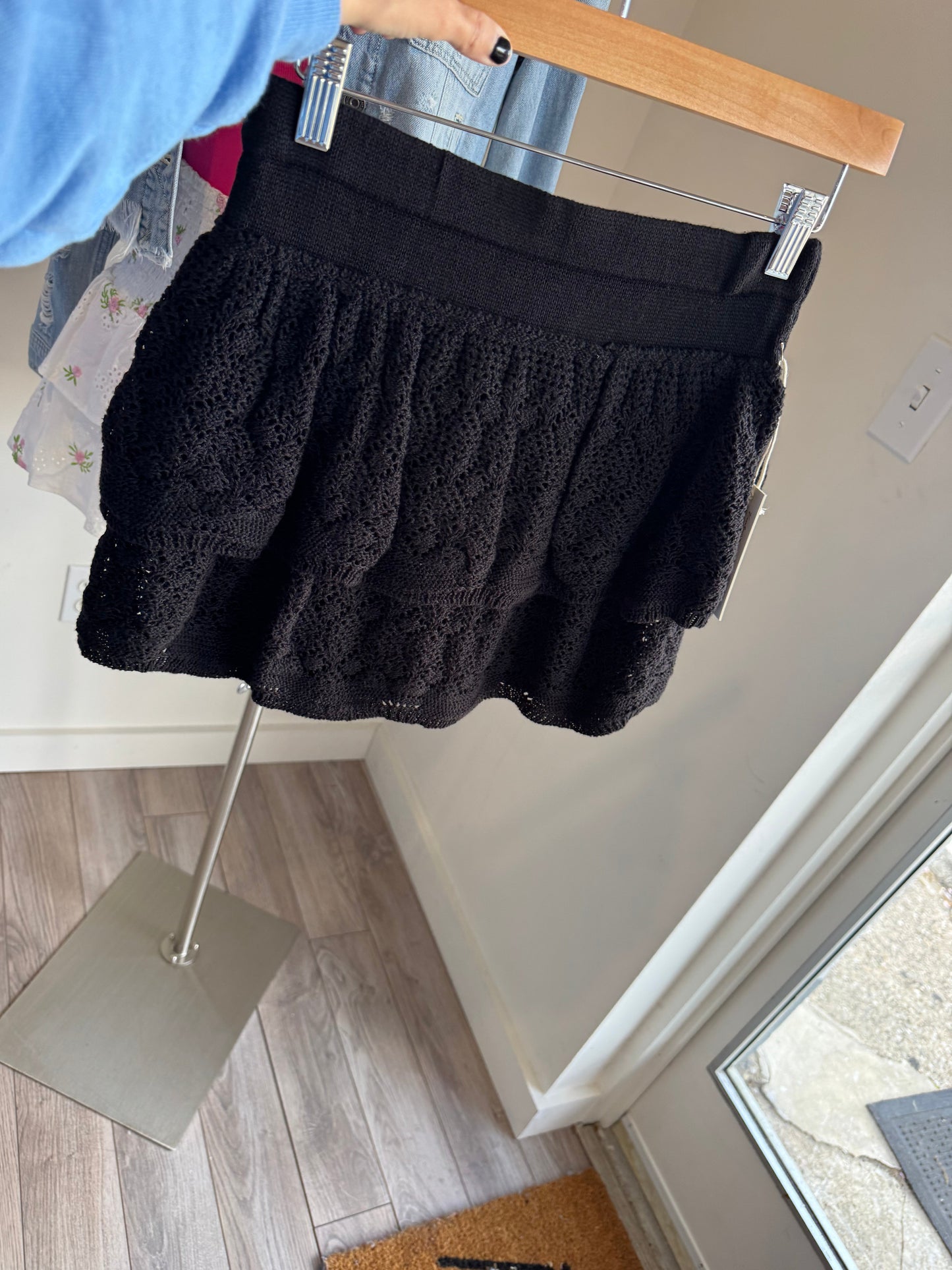 VINTAGE HAVANA BLACK TIERED MINI SKIRT CROCHET KNIT FINAL SALE