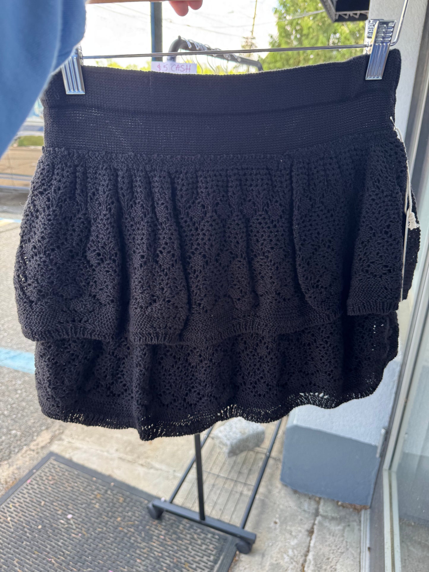 VINTAGE HAVANA BLACK TIERED MINI SKIRT CROCHET KNIT FINAL SALE