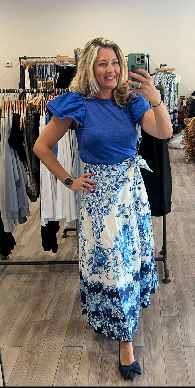 OLIVACEOUS FIONA BLUE WHITE FLORAL MAXI SKIRT