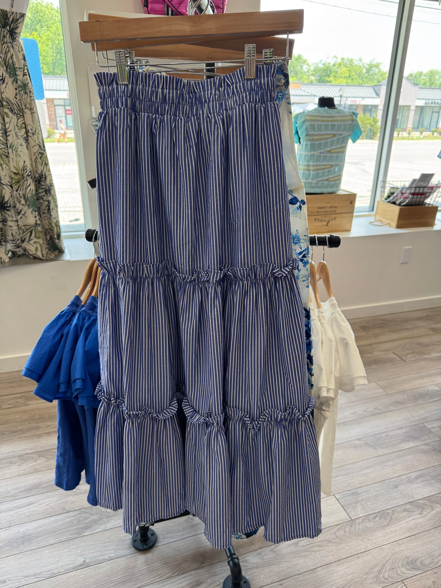 THML BLUE WHITE STRIPED TIERED MAXI SKIRT