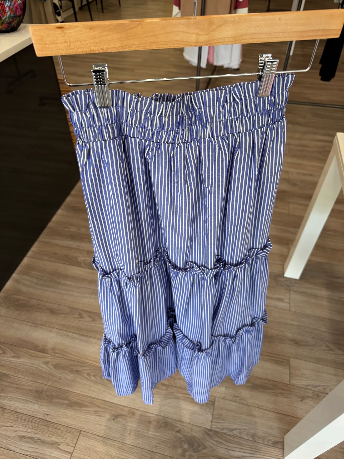 THML BLUE WHITE STRIPED TIERED MAXI SKIRT