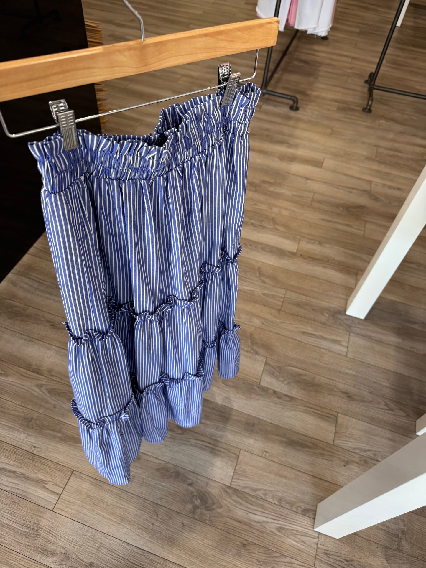 THML BLUE WHITE STRIPED TIERED MAXI SKIRT