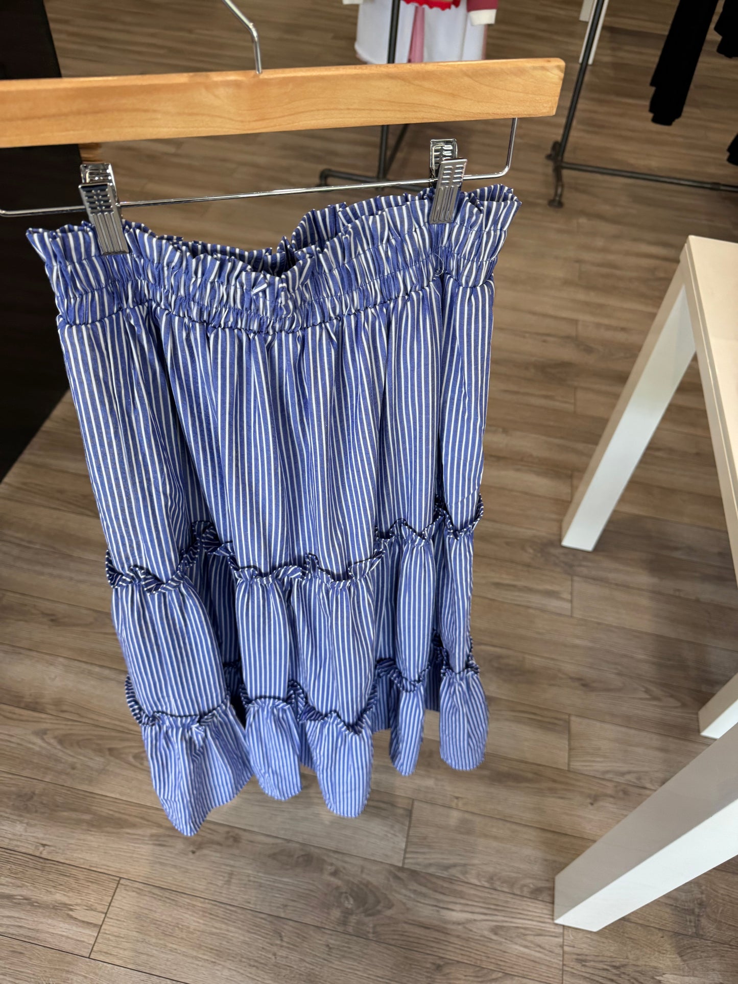 THML BLUE WHITE STRIPED TIERED MAXI SKIRT