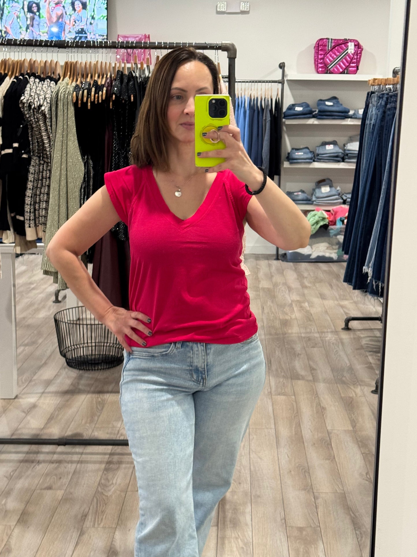 BOBI FLUTTER SLEEVE V NECK RAGLAN TEE RUBY PINK
