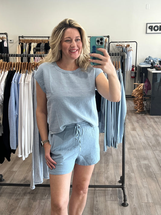 BOBI SHORT SLEEVE DOLMAN TOP WATER BLUE