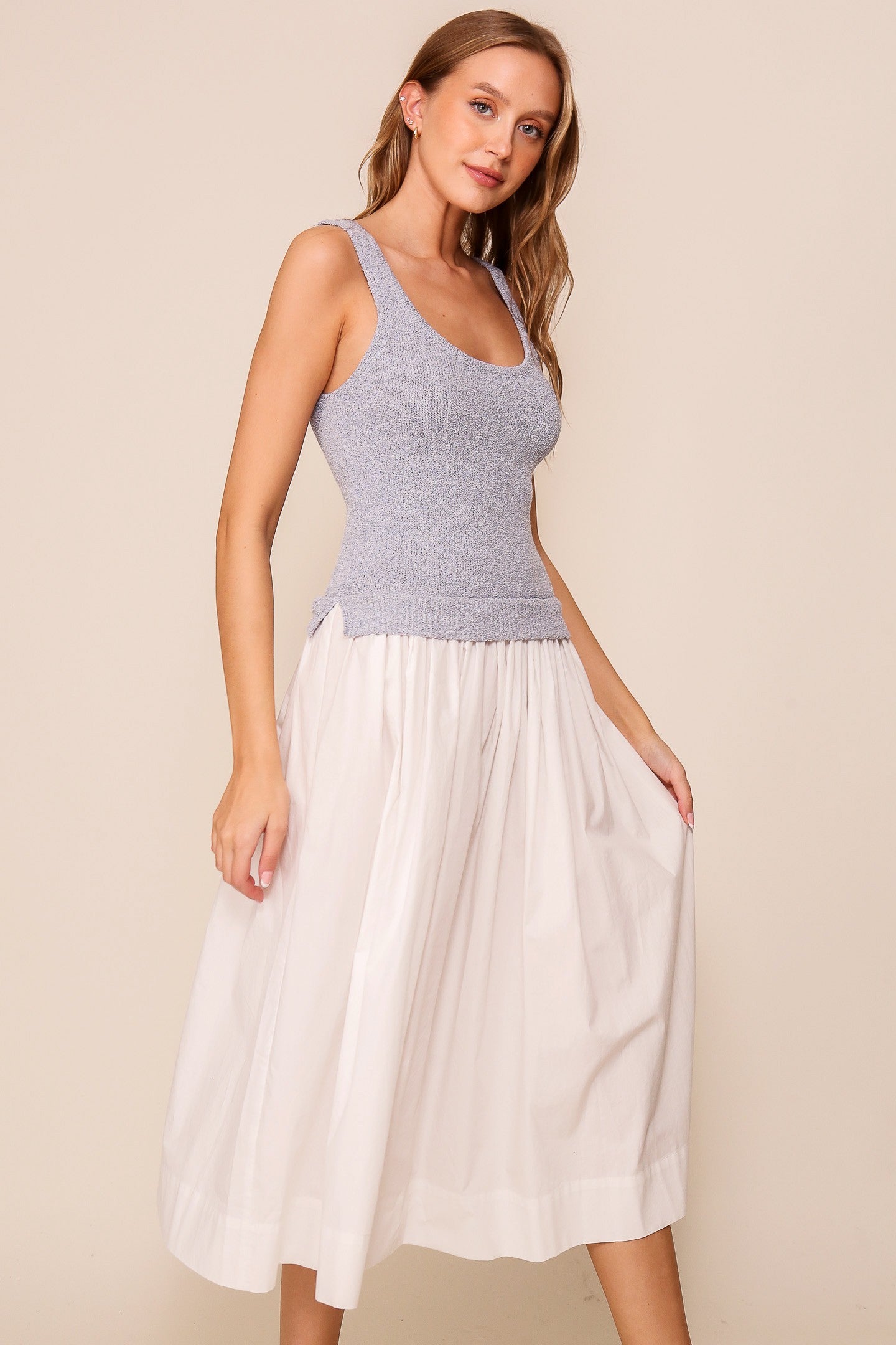 LIGHT.BLUE WHITE TWO TONE SLEEVELESS MIDI DRESS FINAL SALE