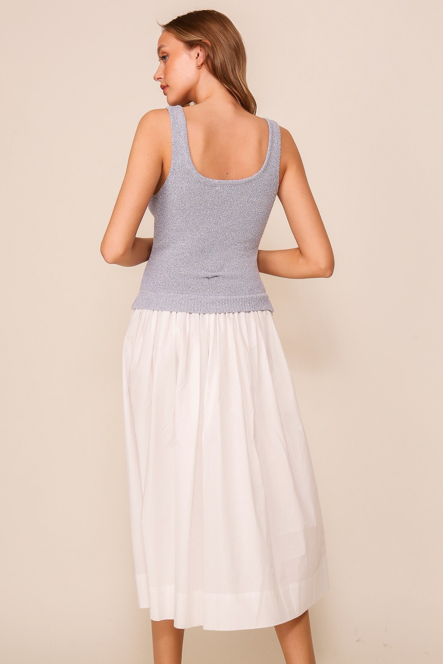 LIGHT.BLUE WHITE TWO TONE SLEEVELESS MIDI DRESS FINAL SALE
