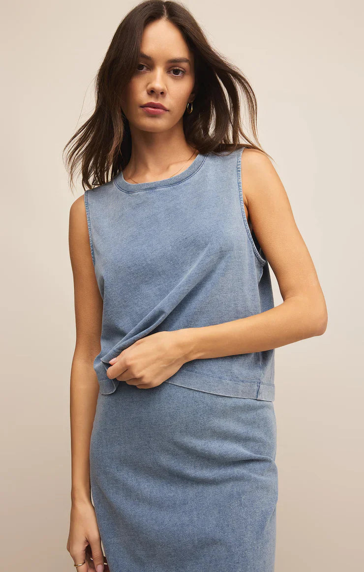 Z SUPPLY SLOANE JERSEY DENIM MUSCLE TANK MEDIUM INDIGO