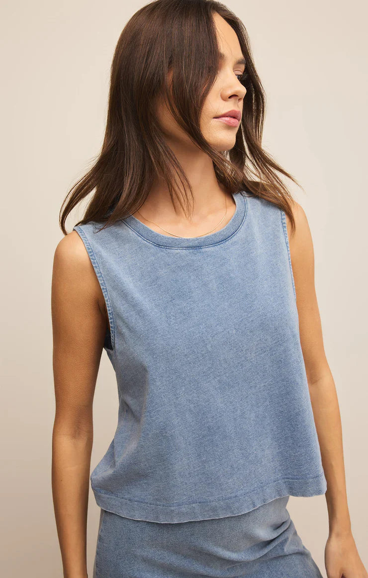 Z SUPPLY SLOANE JERSEY DENIM MUSCLE TANK MEDIUM INDIGO