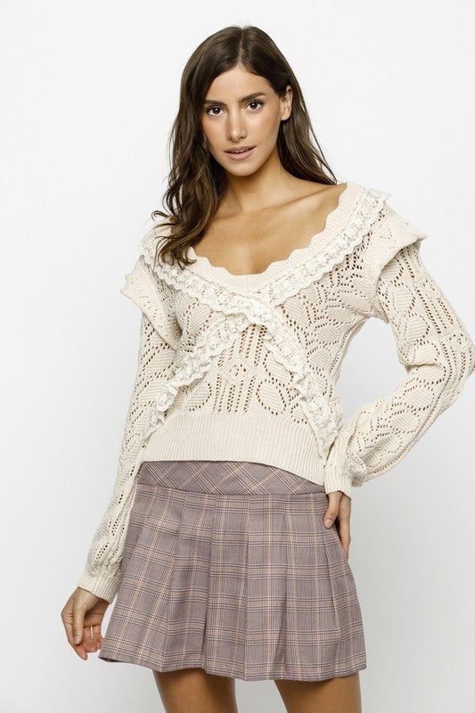 BEIGE SOLID KNIT LACE SWEATER