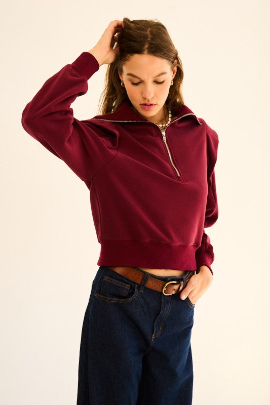 BURGUNDY HALF ZIP FRONT ZIP UP RUFFLED SWEATSHIRT