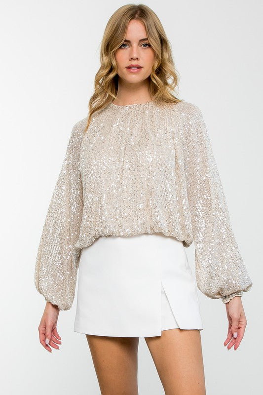 THML CREAM SEQUIN LONG SLEEVE TOP