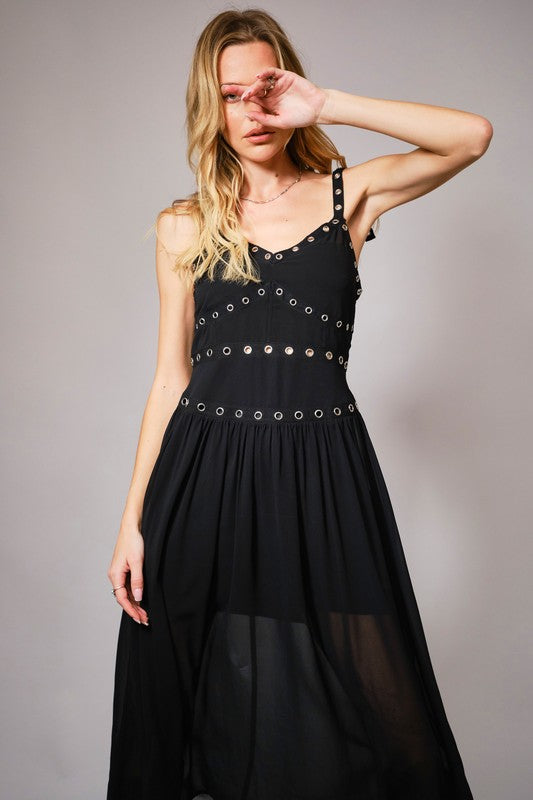 BLACK CHIFFON GROMMET TRIM DRESS