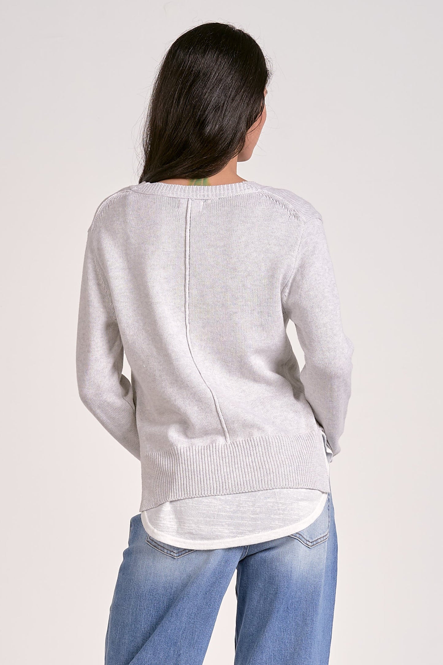 ELAN GREY WHITE V NECK LAYERED SWEATER