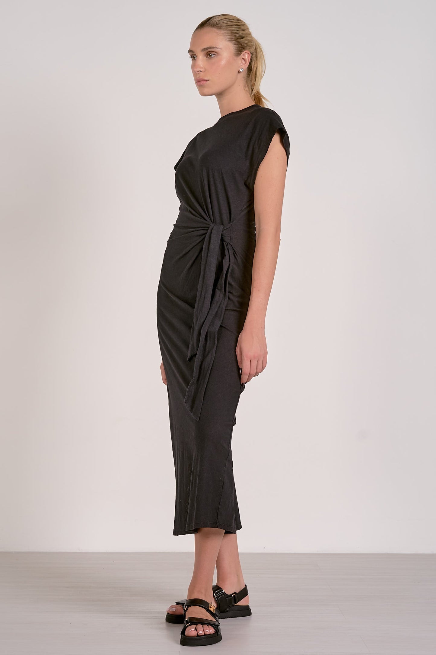 ELAN BLACK CAP SLEEVE MIDI MAXI DRESS SIDE TIE