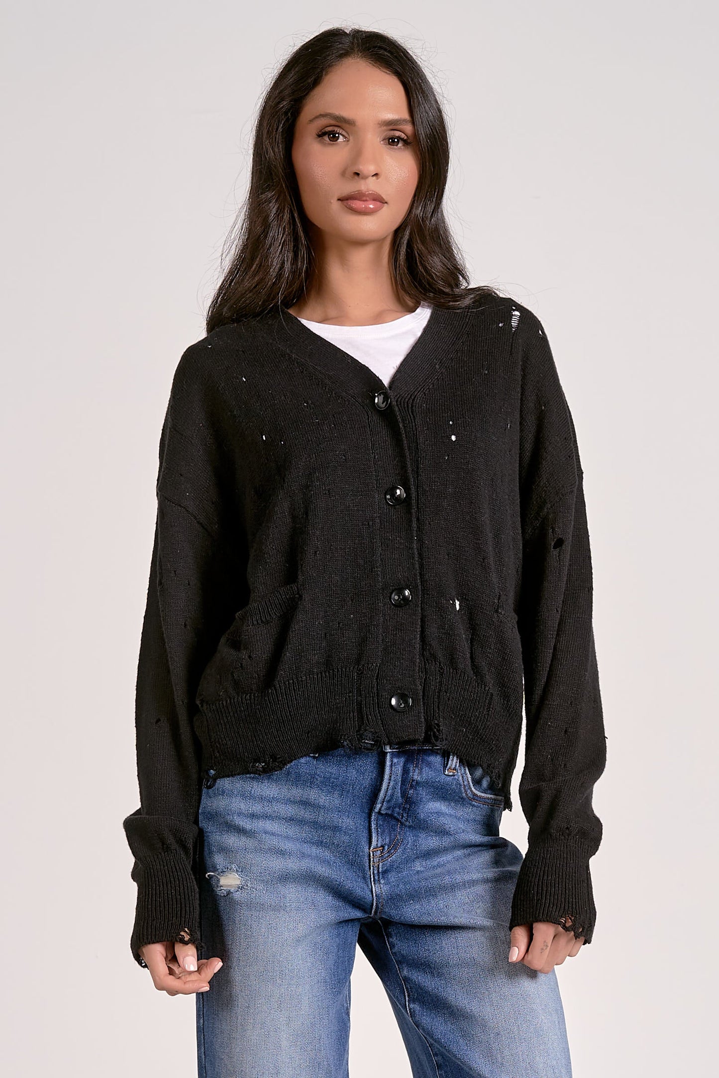 ELAN BLACK DISTRESSED SWEATER CARDIGAN