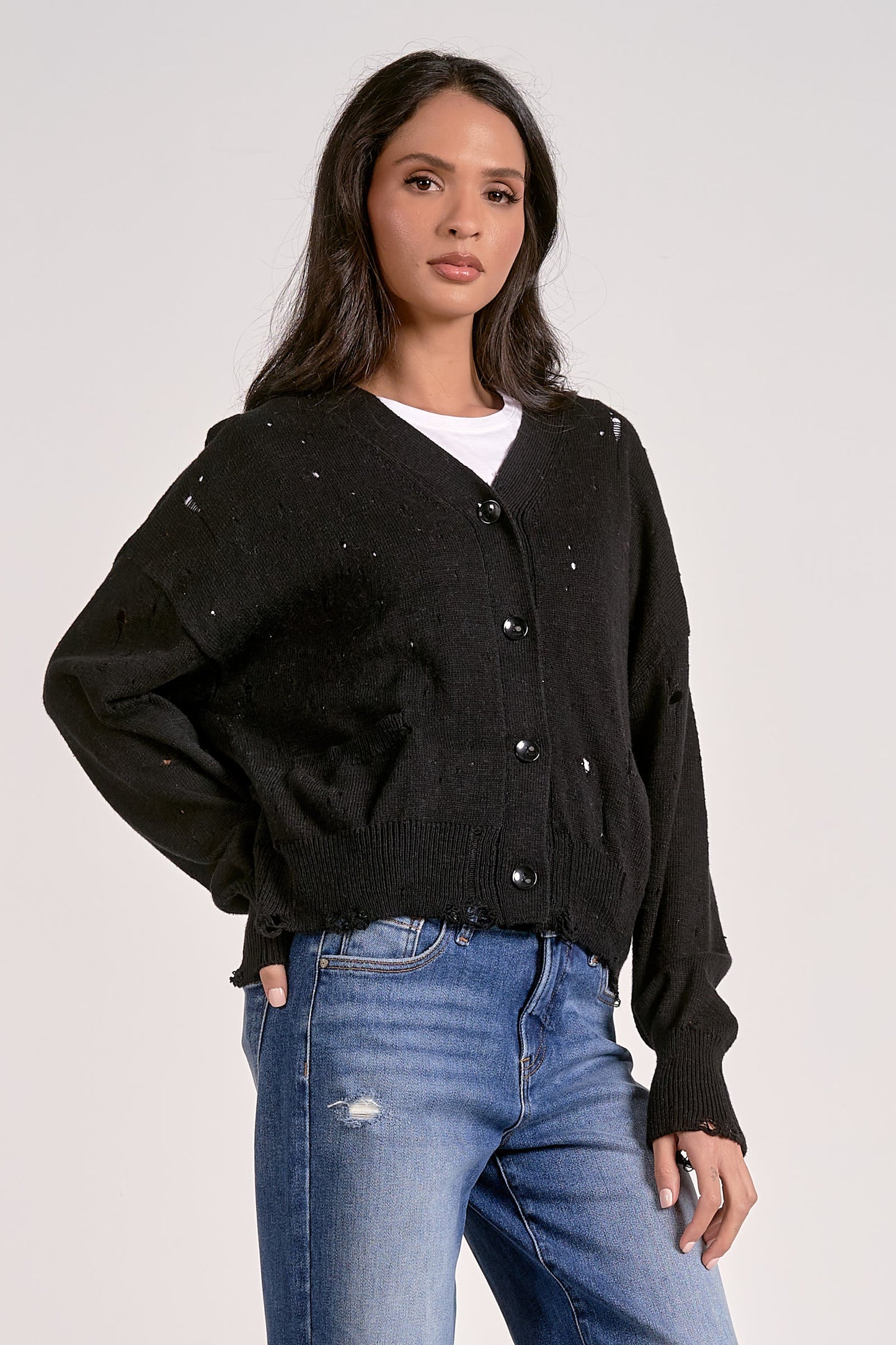 ELAN BLACK DISTRESSED SWEATER CARDIGAN