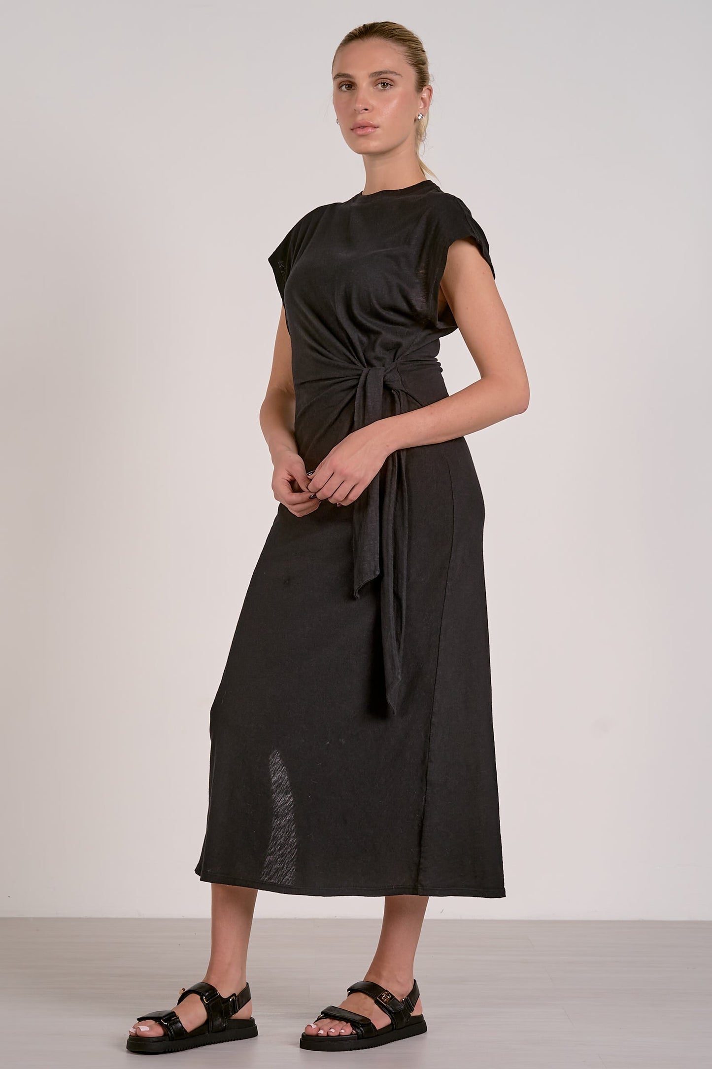 ELAN BLACK CAP SLEEVE MIDI MAXI DRESS SIDE TIE