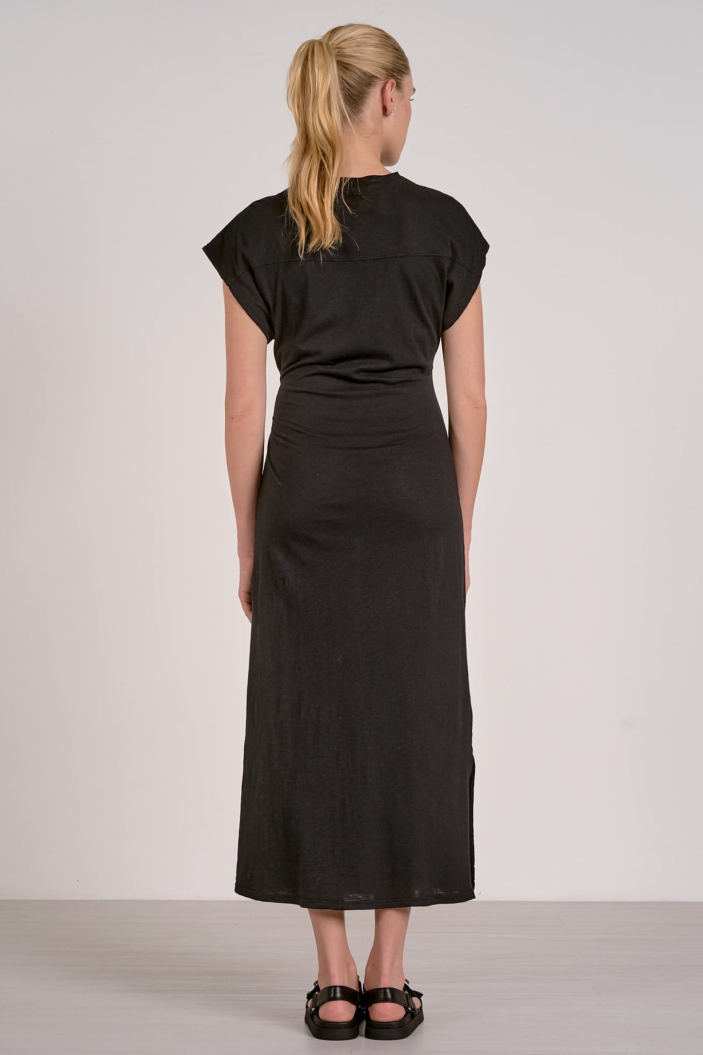 ELAN BLACK CAP SLEEVE MIDI MAXI DRESS SIDE TIE
